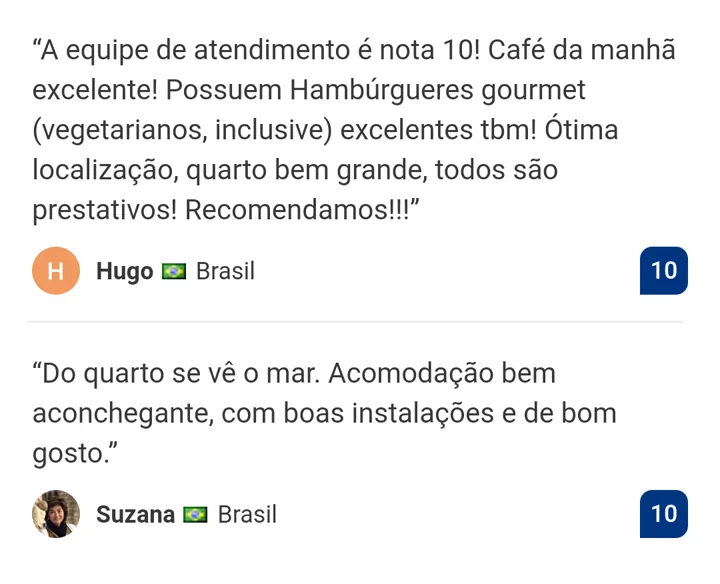 Avaliações nota 10 no Booking.com: Hugo, "A equipe de atendimento é nota 10! Café da manhã excelente! Possuem Hambúrgueres gourmet (vegetarianos, inclusive) excelentes tbm! Ótima localização, quarto bem grande, todos são prestativos! Recomendamos!!!"; Suzana, "Do quarto se vê o mar. Acomodação bem aconchegante, com boas instalações e de bom gosto."