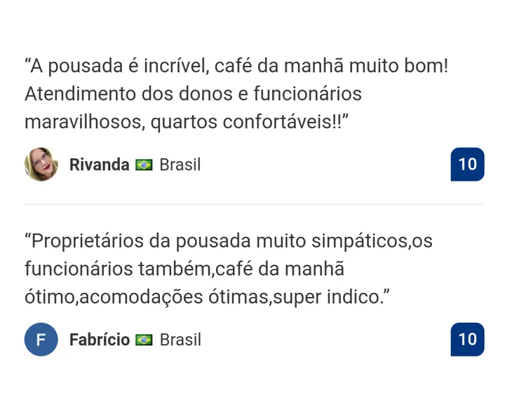 Avaliações nota 10 no Booking.com: Rivanda, "A pousada é incrível, café da manhã muito bom! Atendimento dos donos e funcionários maravilhosos, quartos confortáveis!!"; Fabrício, "Proprietários da pousada muito simpáticos, os funcionários também, café da manhã ótimo, acomodações ótimas, super indico."